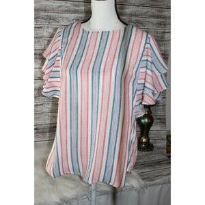 Esley Red White Blue Short Ruffle Sleeve top Size Large